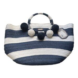 NWT Sun 'N' Sand Navy White Striped Straw Tote Bag Pom Pom Beach Coastal